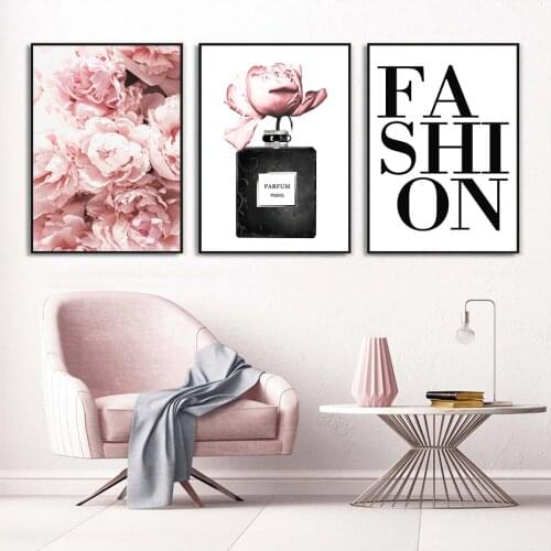 Modern Fashion Pink Parfum Peony Floral Girls Self-adhesive Wall Stickers Wall Art Prints Poster for Living Room Home Decoration
