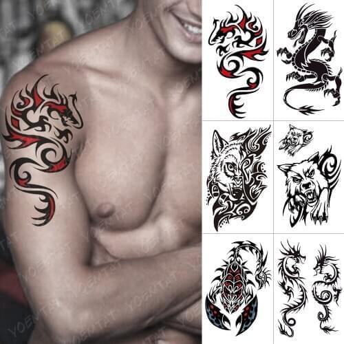 Waterproof Temporary Tattoo Sticker Dragon Fire Flash Tattoos Wolf Scorpion Body Art Arm Water Transfer Fake Tatoo Women Men