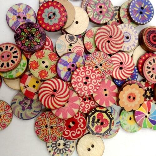 Pack of 100 Assorted Retro Style Flower Buttons-Wood Buttons Sewing Scrapbooking 2 Holes, 20mm Round