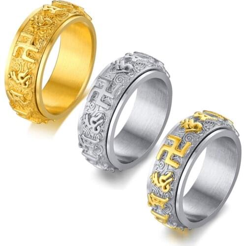 Spinner Rings for Men Women Gold/Silver Color Stainless Steel Buddhism Swastika Prayer Religious Double Layer Lucky Jewelry