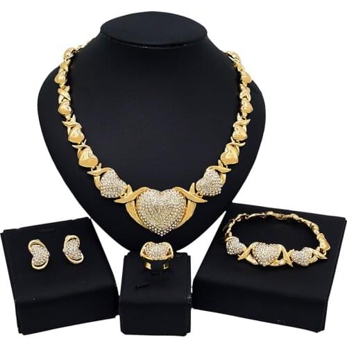Yulaili New Jewelry Sets Fashion Gold Color Trendy Crystal Heart Shape XO Necklace Bracelet Earrings Ring Women Fine Jewellery