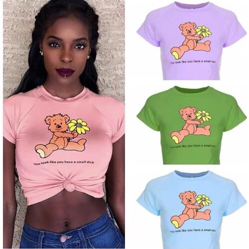 Hot Style Bear Print Blouse Women Slim Navel Short T-Shirt Girl Casual Pink Blue Purple Green Carton Short T Shirt Tops TX01