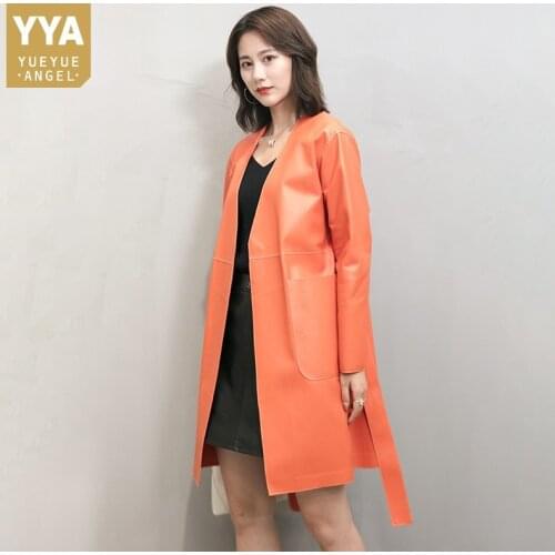 Women Elegant Medium Long Real Leather Jacket Luxury Office Lady Sheepskin Coat Streetwear Belt V-Neck Windbreakers Female