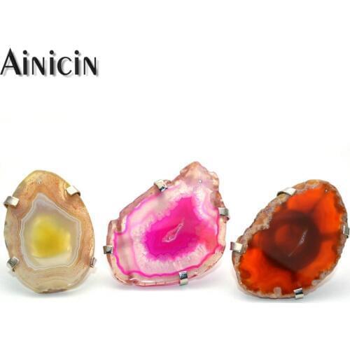 Dyed Color Druzy Crystal Slice Finger Rings Pink Yellow Brown Adjustable Jewelry For Women 10pcs