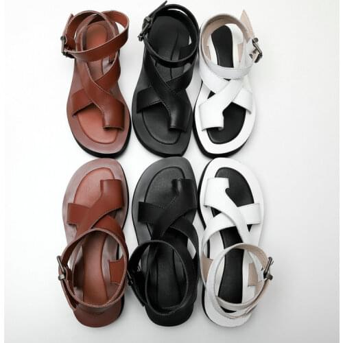 2021 Women Real Leather Sandals Shoes Buckle Strap Platform Shoes Clip Toe Gladiator Ladies Footwear Size 34-44