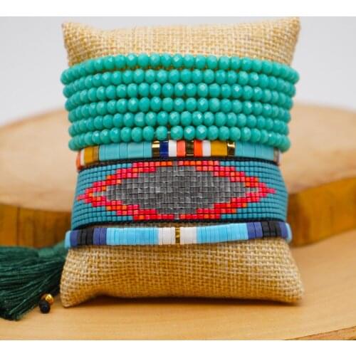 Miyuki Rice Beads Hand-woven Women Bracelet Evil Eye Crystal Set European Ethnic Fashion Tila Bracelets Tassel Pendant Bangle