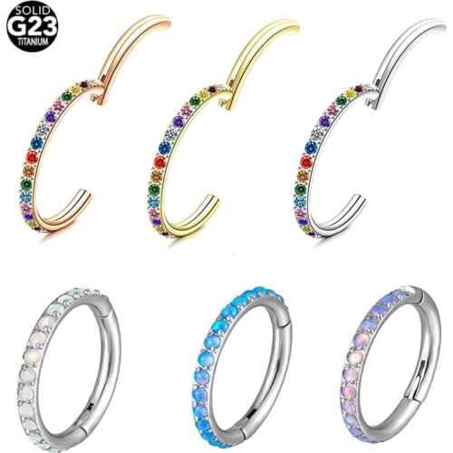 1PS 8-12 mm G23 Titanium CZ Opal Hinged Pitch Ring Nose Ring Open Small Nasal Septum Cartilage Women Earring Perforated Jewelry