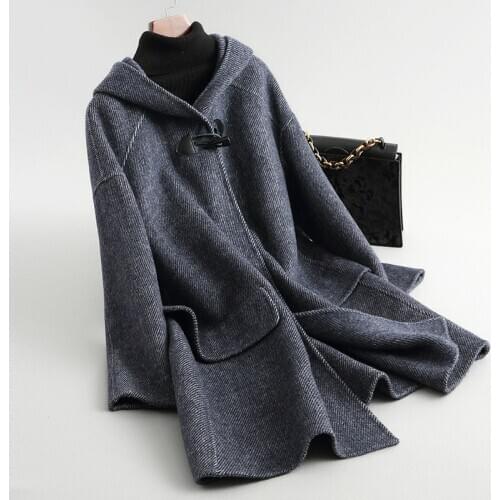 2020 Casual Women Wool Coat Long Autumn Winter Female Jacket Sided Alpaca Cashmere Coats Hooded Outerwear 38049 WYQ1673