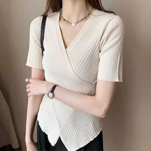 2021 Summer Sexy V-neck Knit Blouse Women Knitwear Cotton Solid Irregular Pullover Bodycon Korean Women Clothes Tops Slim 15036