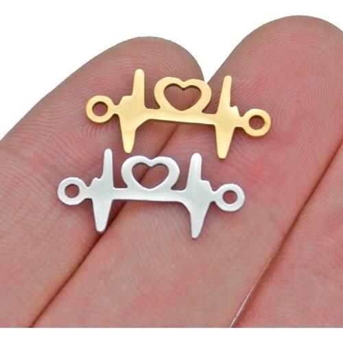 5pcs/lot Stainless Steel DIY Gold Love Heart Electrocardiogram Heartbeat Connectors Charms Jewelry Bracelet Necklace Making Gift