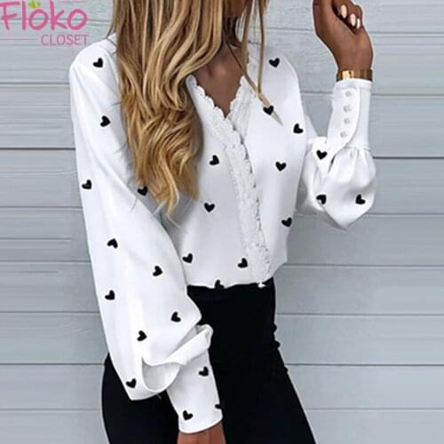 Flokocloset Autumn Love Print Lantern Sleeve Shirts Casual Office Lady Blouse Tops Women 2021