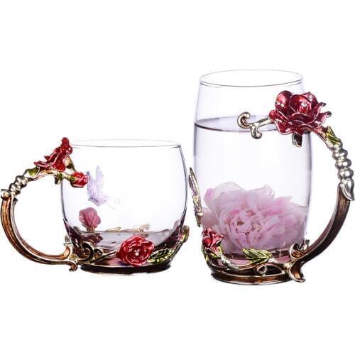 Boutique Enamel Color Scented Tea Juice Heat-resisting Flower Receptacle Crystal Glass Coffee Lovers Cup Suit Round Engraving