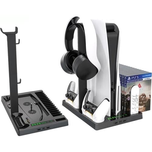 For PS5 console, universal multi-function cooling base with disc storage rack handle dual-seat charging headset storage bracket