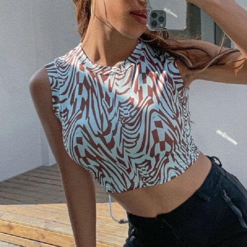 Sexy Summer Print Y2K Women T-shirts Fashion Skinny Sleevless O Neck Tanks Female Casual Streetwear Crop Tops Coffee Sporty Tee