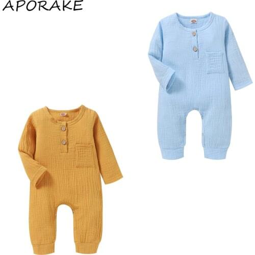 2021 0-18M Infant Baby Boy Girl Jumpsuit Cotton Linen Clothes Solid Color Pocket ButtoN Long Sleeve Romper Spring Fall Outfit