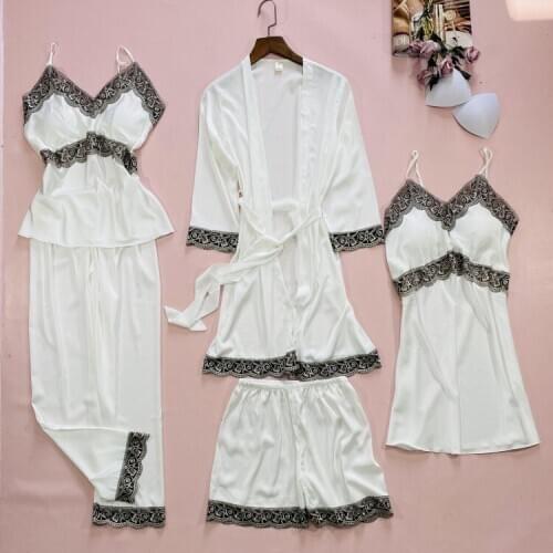 5PCS Lace Satin Robe Gown Sets Womens Nighty Sleepwear Nightgown Strap Sleep Top&Pants Suit Sexy Chest Pads Bathrobe Nightdress