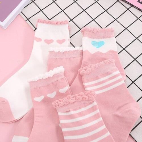 Korean Socks Womens Tube Socks Kawaii Japanese Cotton All-match Bubble Mouth Lace Autumn and Winter Student Stockings