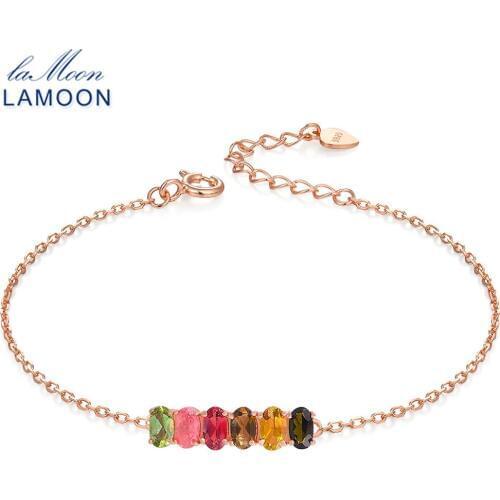 LAMOON Classic 100% Natural 6pcs Multi-Color Oval Tourmaline 925 Sterling Silver Jewelry S925 Bracelet LMHI018