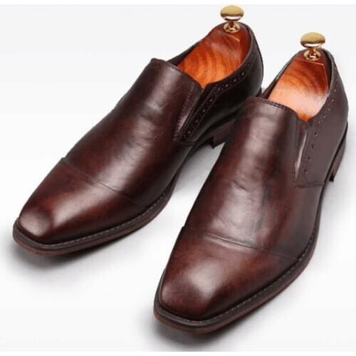 Hot Formal High Quality Square toes shoes for men Comfortable Slip on wedding shoes Handmade Genuine Leather dress shoes for men