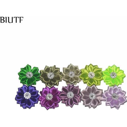 40pcs/lot 3.5cm Mini Polyester Ribbon Polygonal Flowers With CZ Diamond In Center girls Hair Accessories TH63