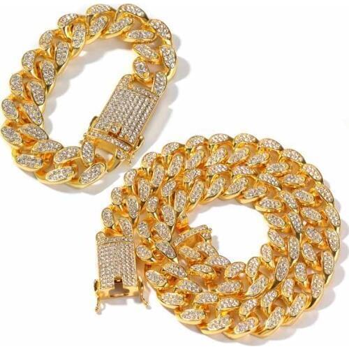 20mm Hip hop Bling Iced Out Rhinestone Crystal Miami Cuban Chain Necklace Bracelet Men Jewelry Sets