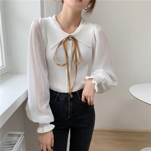2021 spring new bowknot with slim long-sleeved bottoming top chiffon stitching sweater
