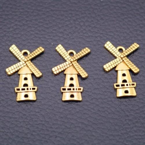 15pcs Antique Gold Tone Charm Metal Accessories Retro Barn with Windmill Pendants For Jewelry Handicraft Making 27 * 6mm P40