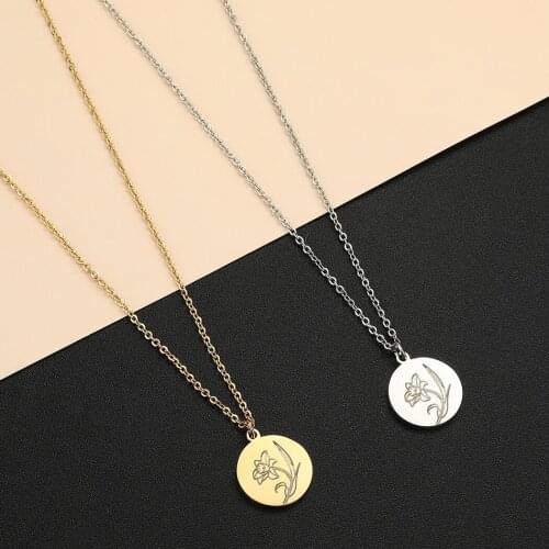 2021 Stainless Steel Birth Flower Necklace Botanical Jewelry Disc Necklace Engraved Jewelry birthday gift