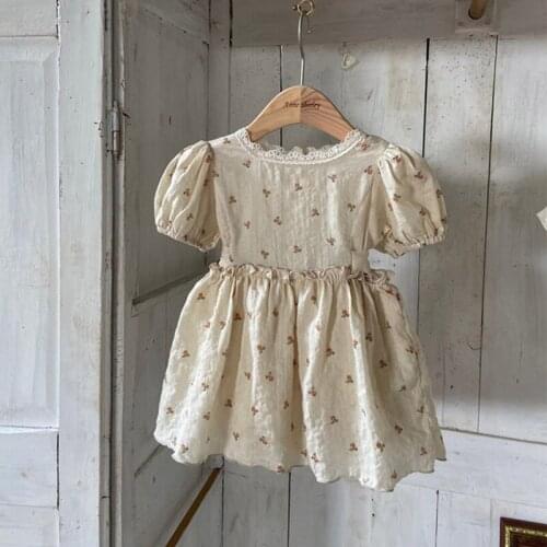 Girl Dress 2021 Summer Cute Cotton Hemp Broken Flower Children Korean Princess Skirt