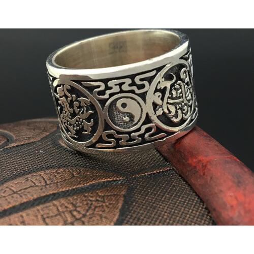 S925 Sterling Silver Popular Male Ring Retro Thai Silver Wide Surface Four Animal Ring