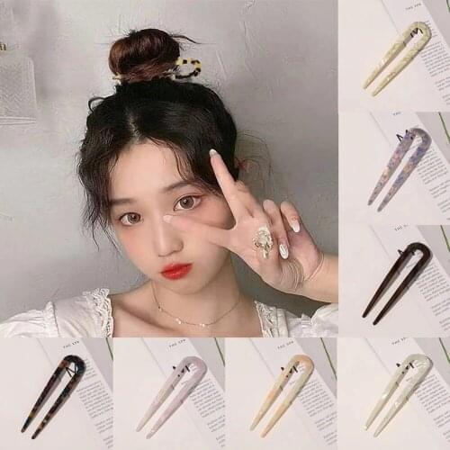 Portable U Shaped Acetate Hairpins Women Tortoiseshell Hair Sticks Accessories Lepard Marble Print Resin Hair Fork Styling Tools