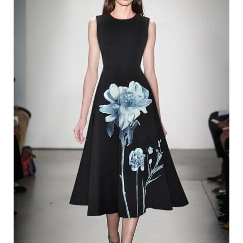 Luxury Flower Print Women Dress Fashion O-Neck Sleeveless A-Line Dresses 4610