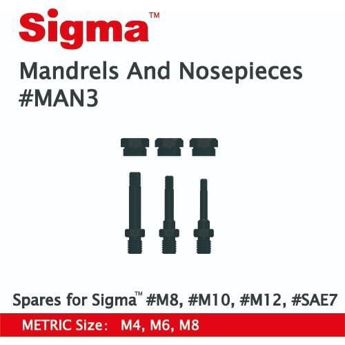 Sigma #MAN3 Spare Mandrels/Nosepieces set ONLY applicable for Sigma Threaded Rivet Nut Drill Adapters #M6 #M8 #M10 #M12 #SAE7