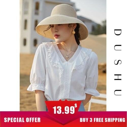DUSHU Plus Sze Womens Lace Palace Style Shirt 2021 Summer New Style V-neck Pure White Five-point Sleeve Chiffon Shirt