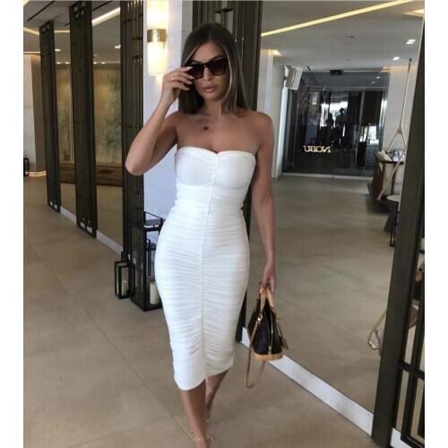 Strapless Sexy Bodycon Dress Women Sleeveless Pleated Slim Midi Dress Summer Lady Black White Wrap Hips Club Party Bandage Dress