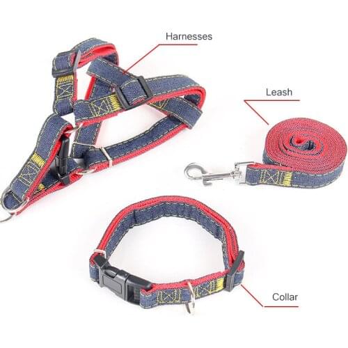 2PCS/3PCS Dogs Leash Harness Suit Adjustable Collar Denim Pet Lead Vest Small Medium Large Dogs Walking Accessories Pet Supplies