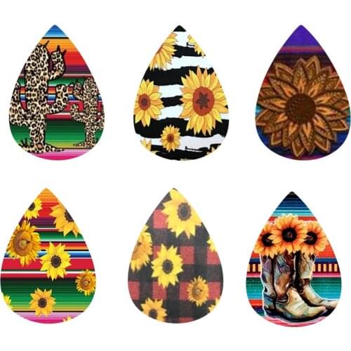 Popular Serape and Sunflowers Cheetah Cactus Pattern Print Leather Teardrop Earrings 20Pcs/10Pairs/Mixcolor