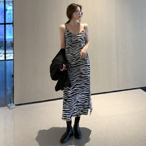 Spring 2021 new womens clothes suspenders net red dress foreign zebra pattern wild A-line mid-length skirt
