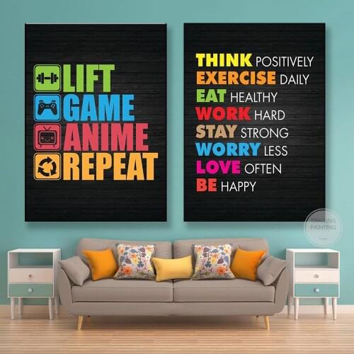Eat Sleep Lift Game Anime Work Repeat Positive Posters Inspirational Phrases Office Living Room Bedroom Lounge Playroom Decor