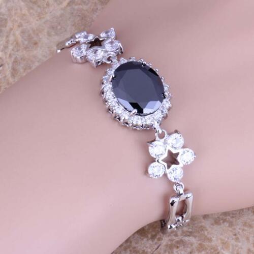 Resplendent Black Cubic Zirconia White CZ Silver Plated Link Chain Bracelet 7 - 8 inch S0663