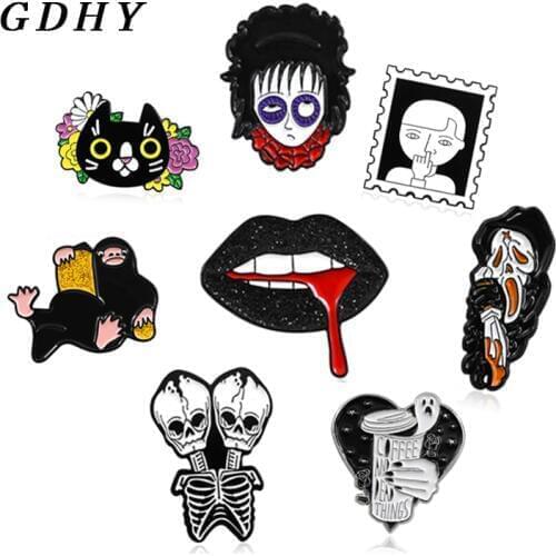 GDHY Black And White Pins Skeleton Zombie Death Devil Lips cat Animals Stamp Boy Digging Nostril Brooch Halloween Enamel Pin