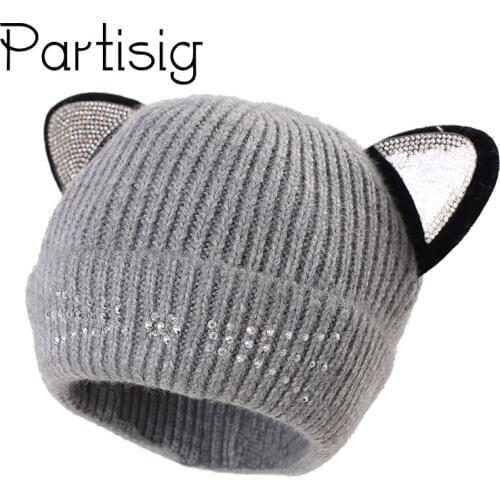 Baby Cap Rhinstone Cat Design Hat For Girls Crochet Cat Ear Hat For Boys Warm Velvet Inside Childrens Caps Cartoon Kids Cap
