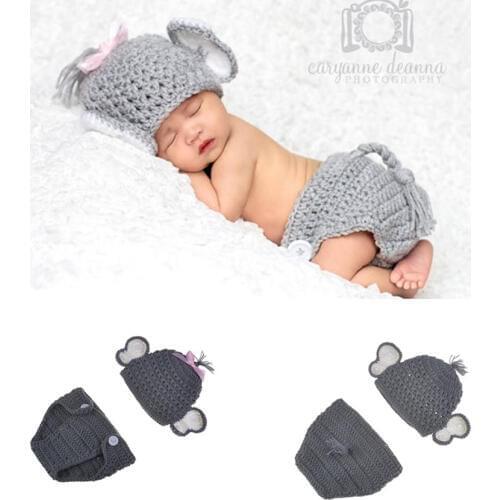 Elephant Newborn Baby Crochet Knit Costume Infant Handmade Diaper Cover Beanie Hat Set Toddler Photo Props Accessories Clothes