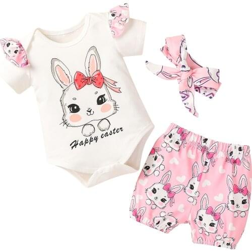 Lioraitiin 0-18M Newborn Infant Baby Girl 3Pcs Easter Clothing Set Short Sleeve Romper Top Shorts Headband Cute Outfit