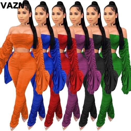 VAZN New 2020 Casual Sexy Slash Neck Two Piece Set Solid 2 Piece Set Women Full Sleeve Full Pant Autumn Sets