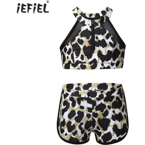 Girls Leopard Print Swimsuit Two Pieces Kids Swimwear Summer Halter Neck Sleeveless Bathing Suit Set Beachwear for 2-10 Years