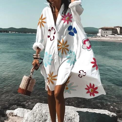 Summer Loose Plus Size Shirt Skirt Fashion Casual Flower Print Holiday Beach Midi Dress Bikini Beachwear Swimwear Beach Skirts