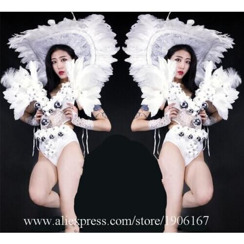 Fashion Nightclubs DS White Christmas Costumes White Feather Dance Team Clothes Sexy Lady Party Dancer A Dress