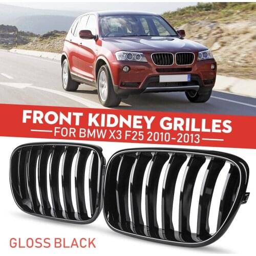 One Pair ABS 2010-2013 Glossy Black Car Front Gril For BMW X3 F25 1 Line Slats Front Bumper Kidney Grille Auto Accessories