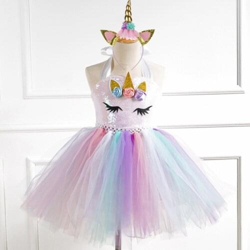 Girls Unicorn Costume Dress Fancy Up Kids Rainbow Party Dresses Princess Cosplay Dressing Up With Headband Wings Halloween Gift